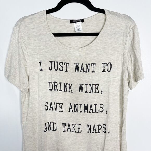 New BLVD Large Cream Heather Drink Wine Save Animals Tee Modal Stretch Side Slit - Picture 3 of 9